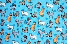 BTY KITTY CAT FRIENDS ON BLUE CAT FLANNEL 100 COTTON FABRIC 1 YARD 42 X 36"