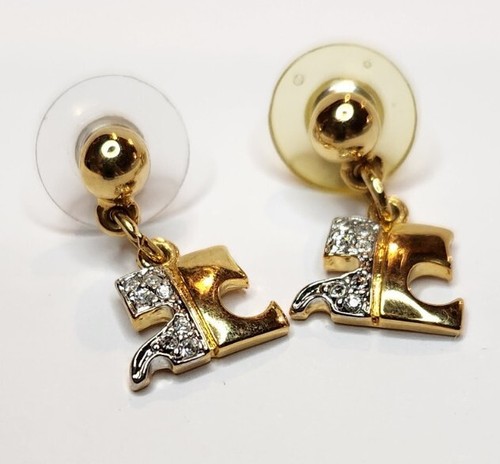 Puzzle Charm Earrings Gold Plated And Diamond. - Picture 5 of 9