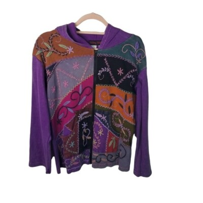 Vtg Rising Tide embroidered patchwork boho fairy hippie zip womens hoodie XL