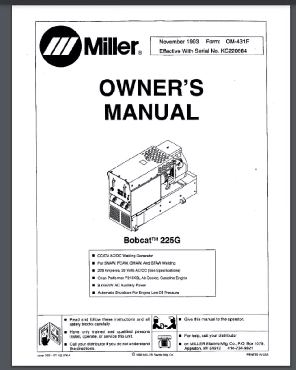 Miller BOBCAT 225G Welder Operation Maintenance Owner Manual