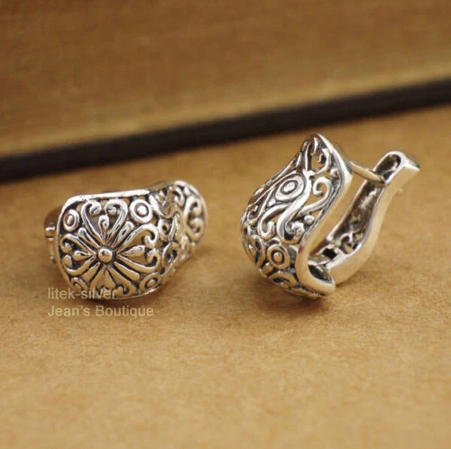 Pendientes de aro Huggie oriental filigrana retro de plata de ley 925 para mujer A1362 Foto 3 de 4