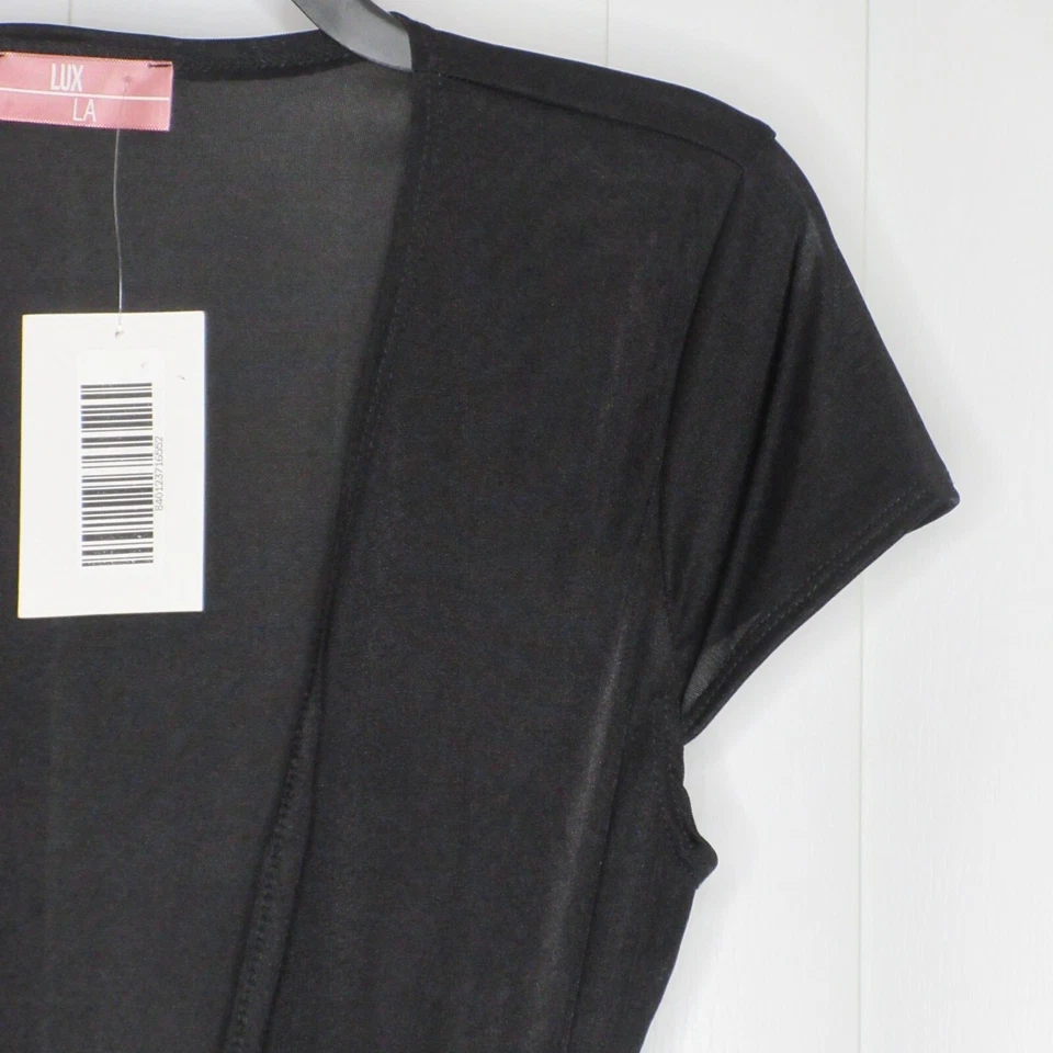 Nuevo con etiquetas Vestido para mujer Lux LA negro transparente manga gorra cuello en V profundo alto bajo envolvente L B63 Foto 4 de 4