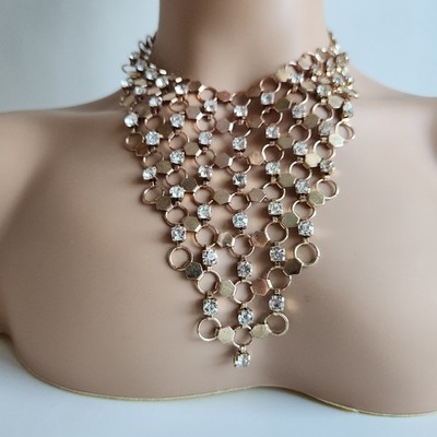 Gold Tone Bib Necklace Rhinestone Fringe Cascade Statement 16 18 