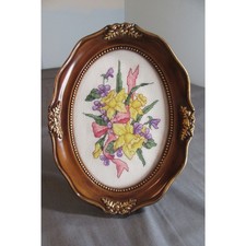 Oval Floral Bouquet Needlepoint Wood Frame Glass Mat Hand Crafted