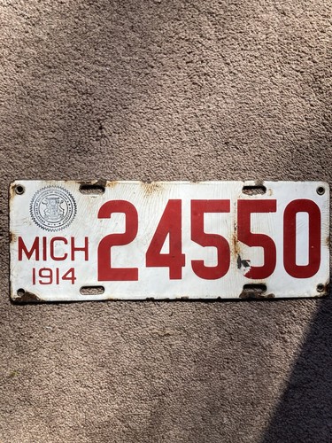 1914 Michigan Porcelain License Plate - 24550 - Nice Oldie!