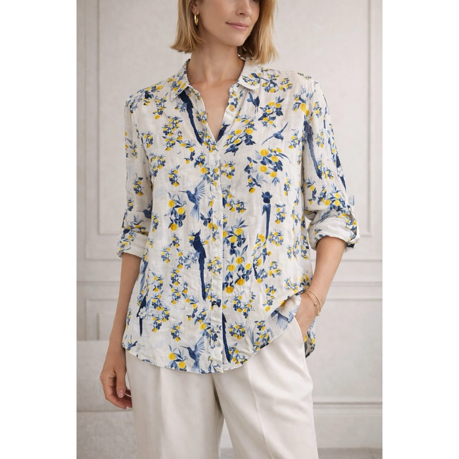 Isaac Mizrahi Size 2X 100% Linen Blouse Blue Yellow Bird Floral Roll Tab Sleeve