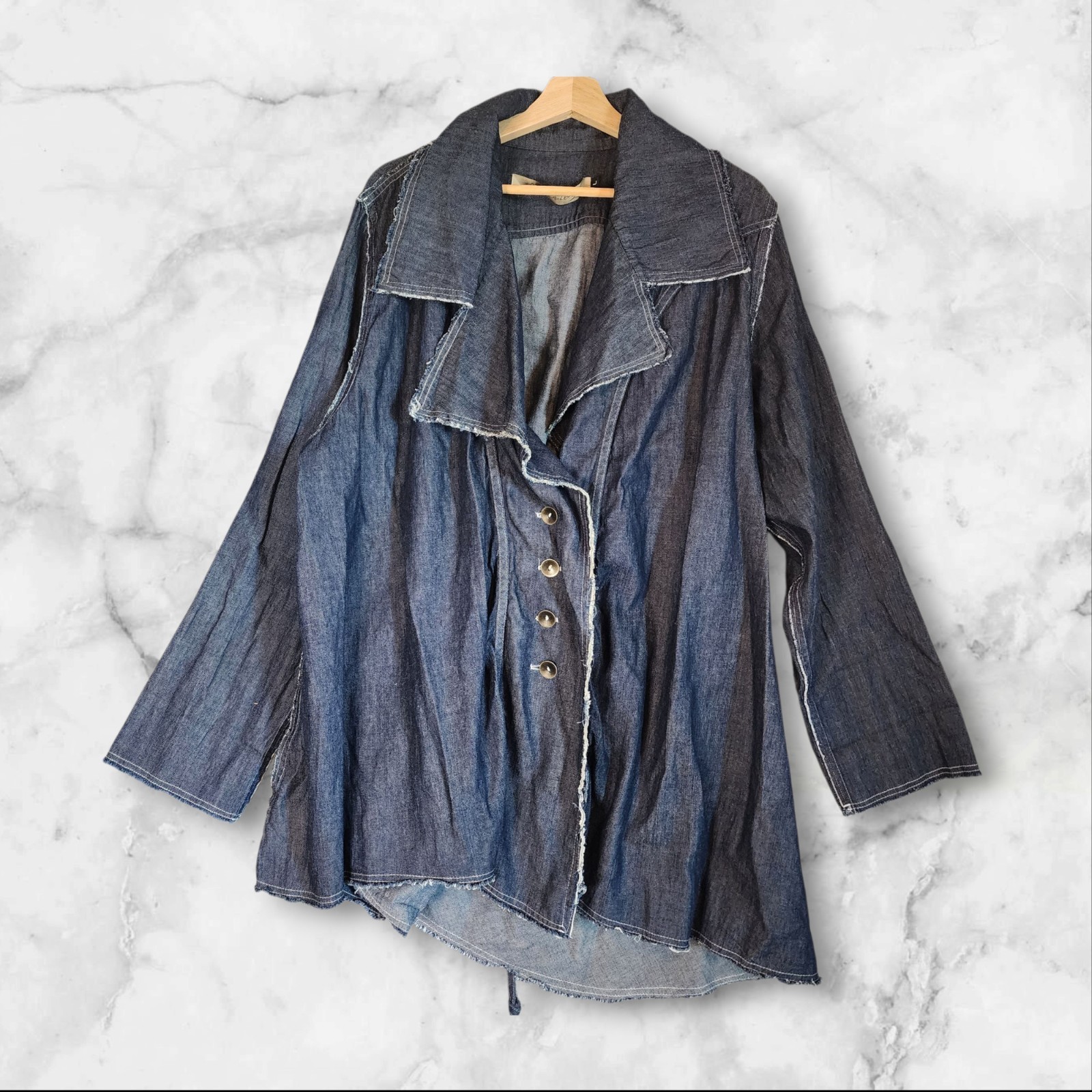 Cynthia Ashby Denim Jacket Top Size L Lagenlook Asymmetrical Oversized Lace Up