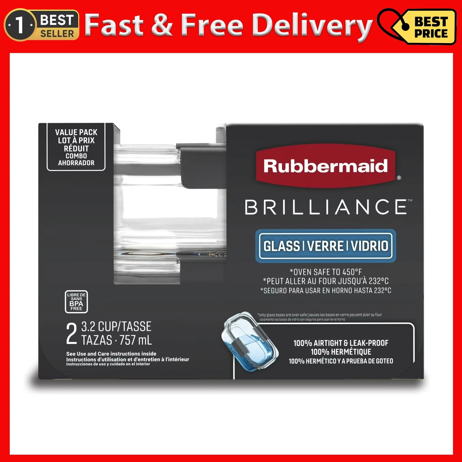 Rubbermaid Brilliance 3.2 Cup Glass Food Storage Containers, Set of 2,