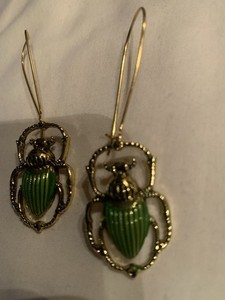 Scarab Beetle Earrings  Dangle Wire Goldtone Green