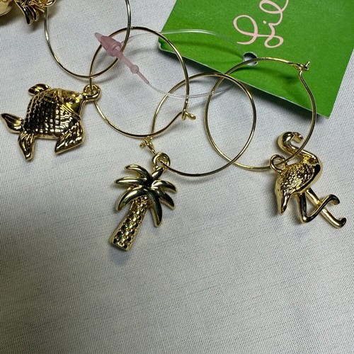 Lilly Pulitzer Gold Beverage Charms Set of 4 Flamingo Palm Fish Pineapple NWT - Afbeelding 4 van 6