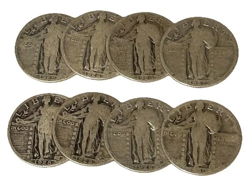 Lot of 8 Standing Liberty Quarters 90% Silver – (1925-1930) – Circulated