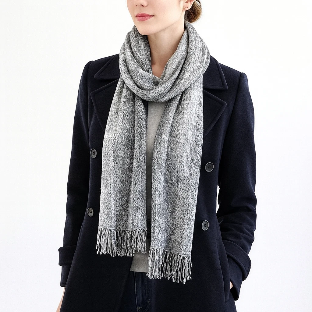 Gray Chenille Fringe Striped Scarf Cozy Gift Holiday Fall Winter Streetwear