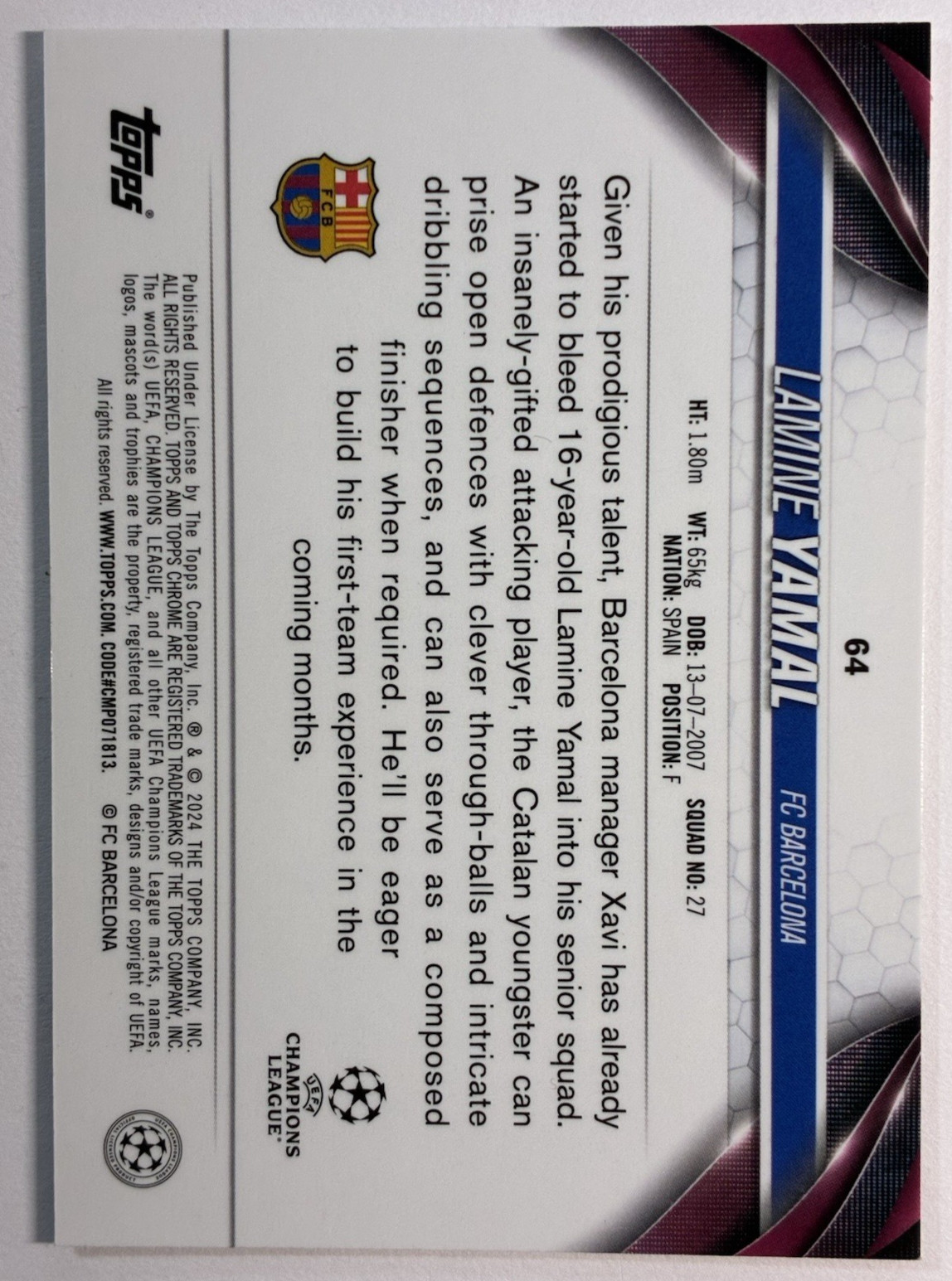 2023-24 Topps Chrome UEFA Lamine Yamal #64 Rookie RC UCC Barcelona view 2