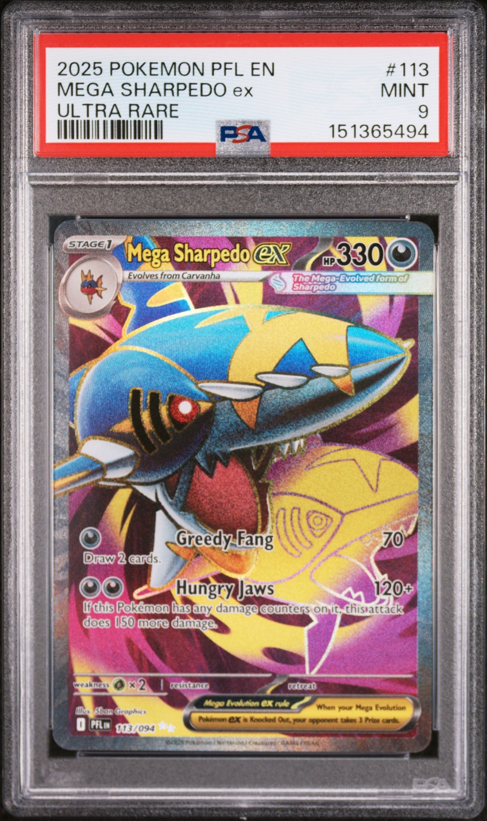 2025 POKEMON PFL EN-PHANTASMAL FLAMES ULTRA RARE #113 MEGA SHARPEDO EX PSA 9