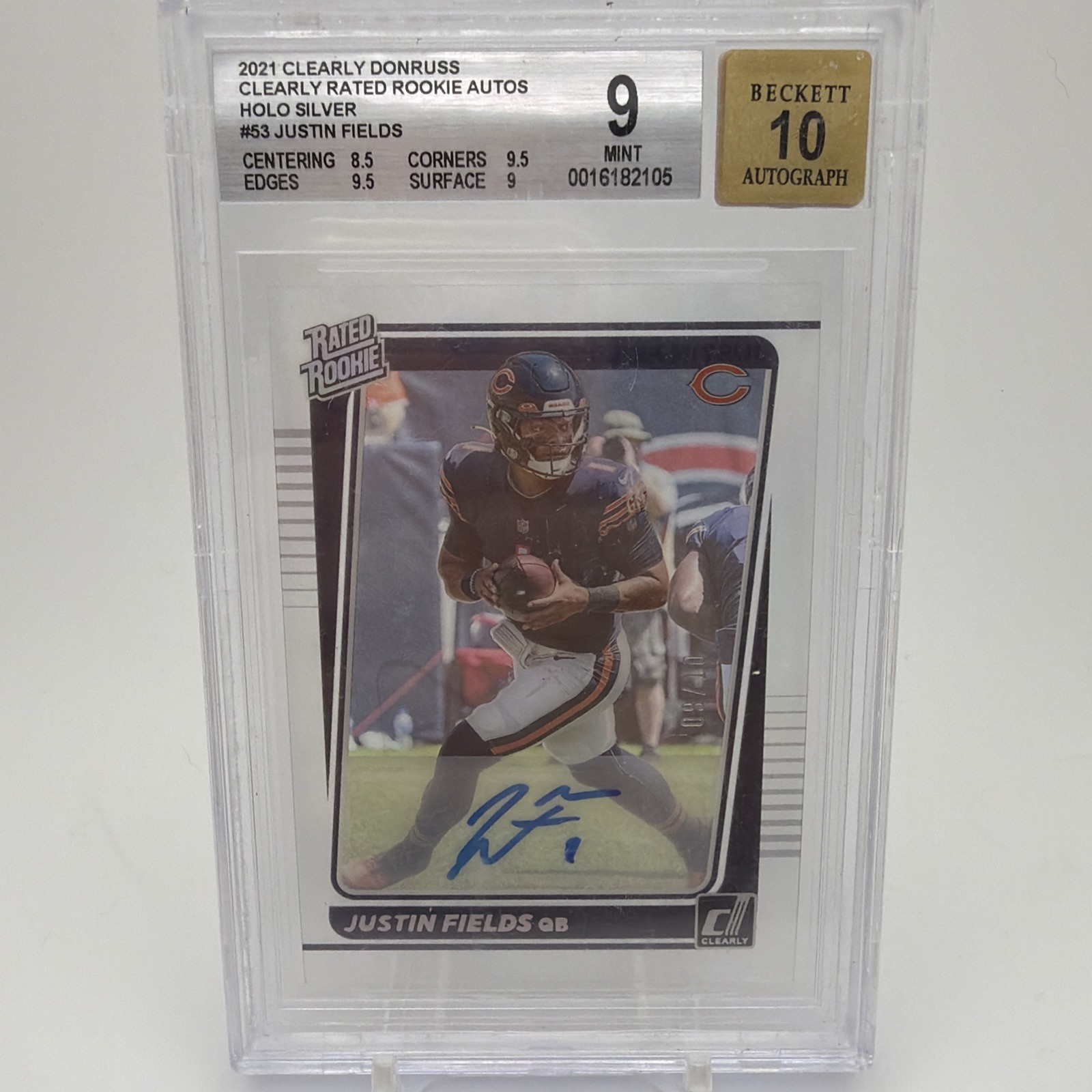 2021 PANINI CLEARLY DONRUSS HOLO SILVER #53 JUSTIN FIELDS ROOKIE Auto 9/10 BGS 9