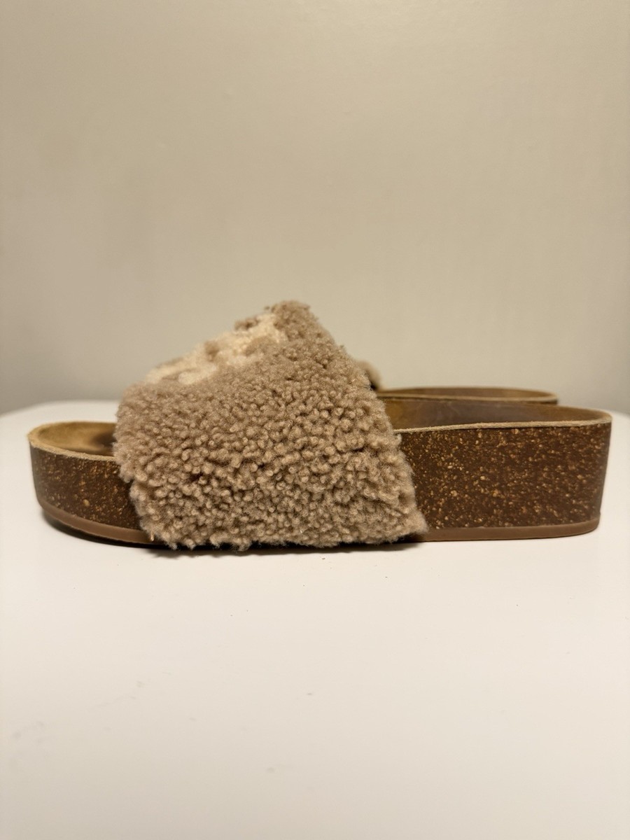 Tory Burch Double T Logo Shearling Slides Almond US 7.5 M Sherpa