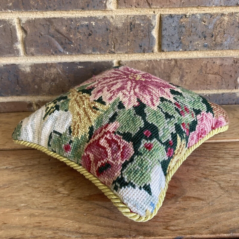 Needlepoint Throw Pillow Poinsettia Lilies Pinecone 9in Vtg Holiday Floral Wool - Image 3 of 4