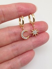 925 Sterling Silver CZ Star Moon Dangling Huggie Hoop Earrings Mismatched 0.94"