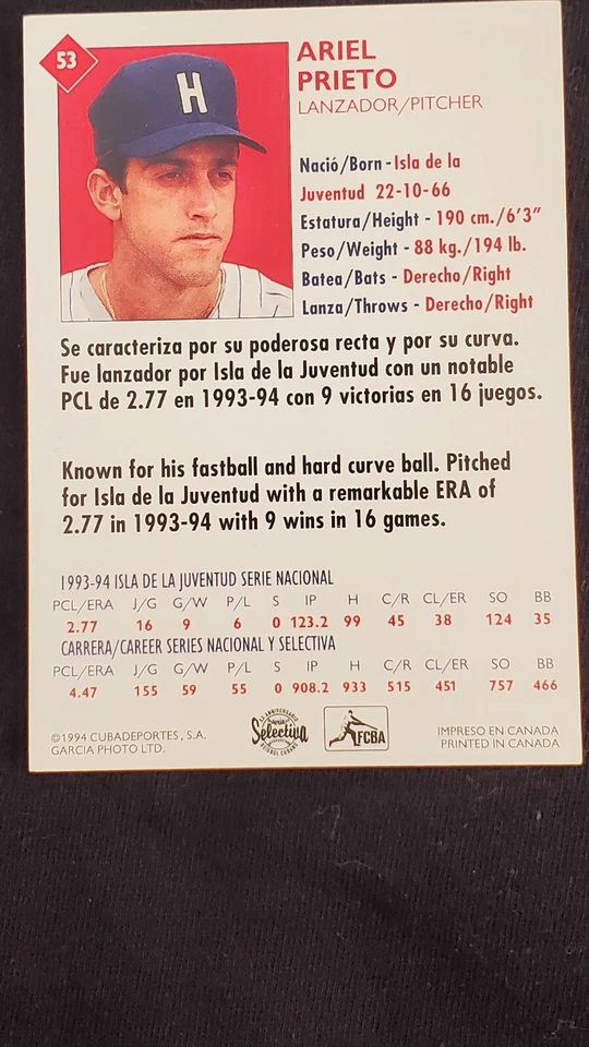  ARIEL PRIETO 1994 CUBAN LEAGUE #53 MINT CARD - Image 2 of 4
