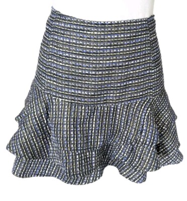 BCBG Generation Mini Skirt 8 Tweed New Sparkle Metallic Gold Blue White Ruffle