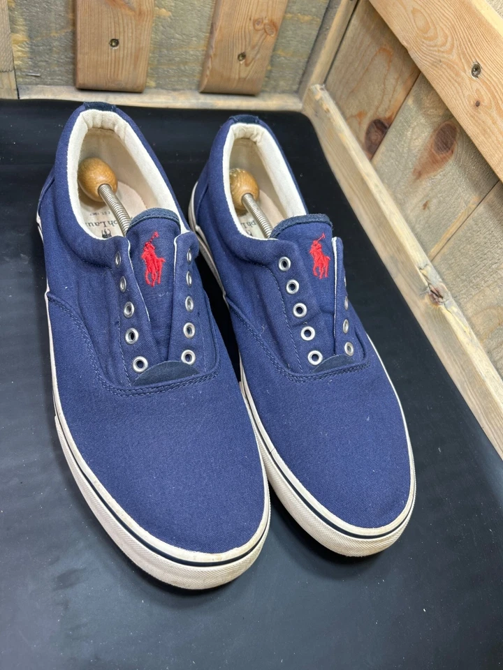 Hombres Polo Ralph Lauren Azul Marino Sin Cordones Zapatos de Barco Lona Rojo Logo Talla 12 D Foto 2 de 4