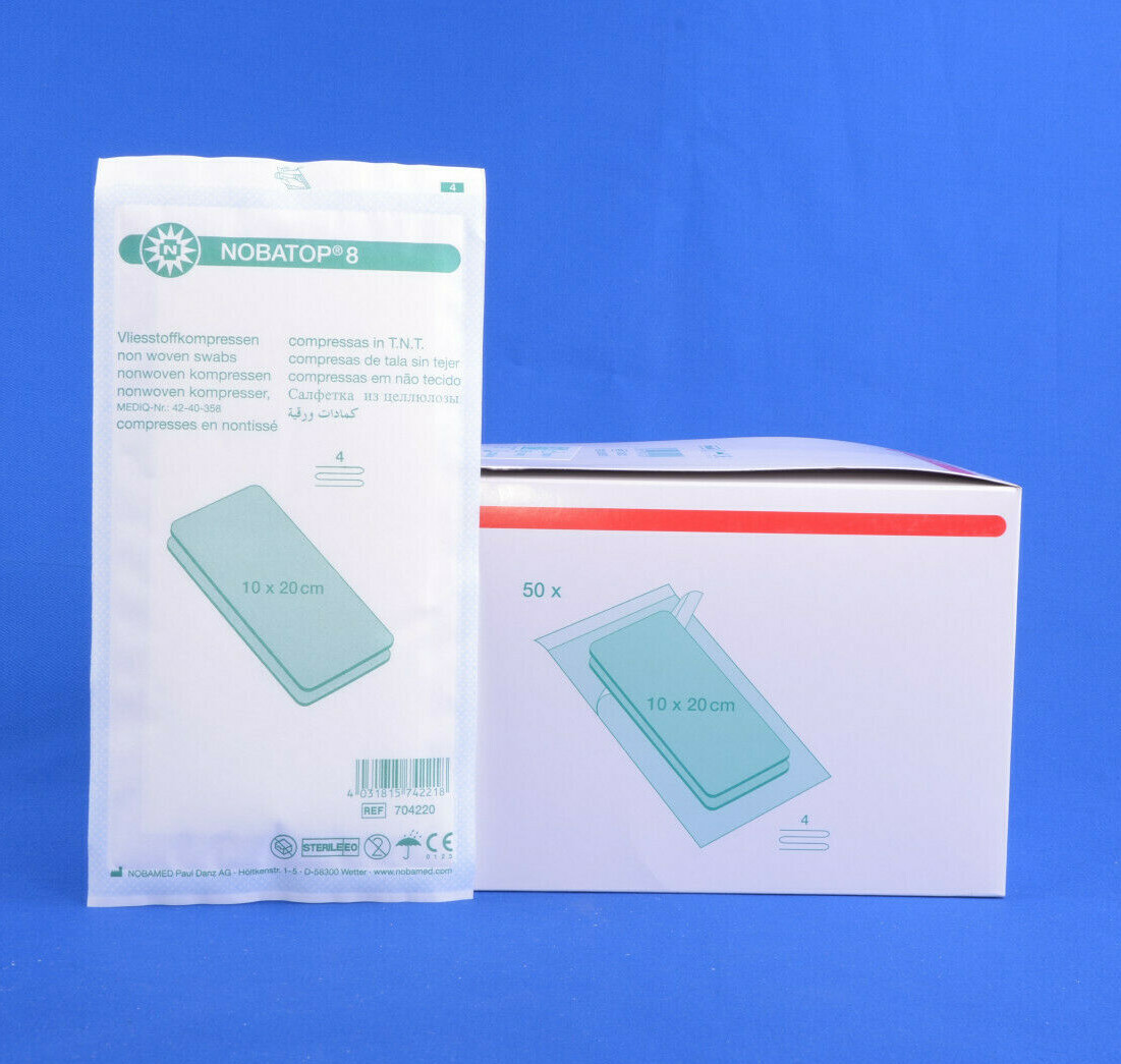 100 Sterile Kompressen Nobatop 8 5x5 / 7,5x7,5 / 10x10 / 10x20 cm 4-lg (50x2)