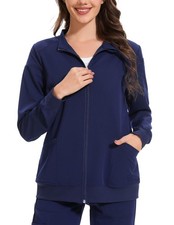 Women  s Scrub Jacket with Full Zip Elastic Cuffs  2 Deep PocketsNavy XS