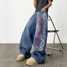 Y2K Tribal Embroidered Baggy Jeans Mens Wide Leg Hip Hop Streetwear Blue Denim