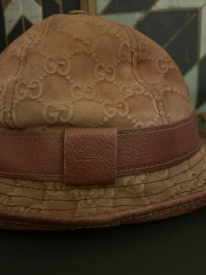 Sombrero Cubo Vintage Gucci GG Rosa Antico 100% Algodón y Cuero -Talla M Foto 3 de 4
