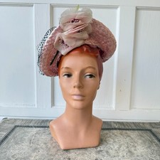 Vintage 1940s Tilt Hat Pink Shiny Raffia Straw Flowers Navy Ribbons Veil 30s 40s