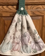 Double hanging kitchen towel Fall pumpkins crocheted sage top