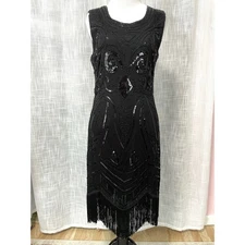 Flapper Midi Dress Womens S Black Beaded Sequins Fringe Gatsby 20s Party Costume