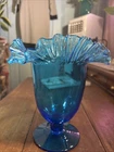 Blenko Art Glass Azure Blue Ruffle Blown Glass Pedestal Vase Aqua Blue.