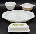 Vintage4 Milk Glass Pyrex Lot Opal Bowl Casserole Dish Spring Blossom Sandalwood