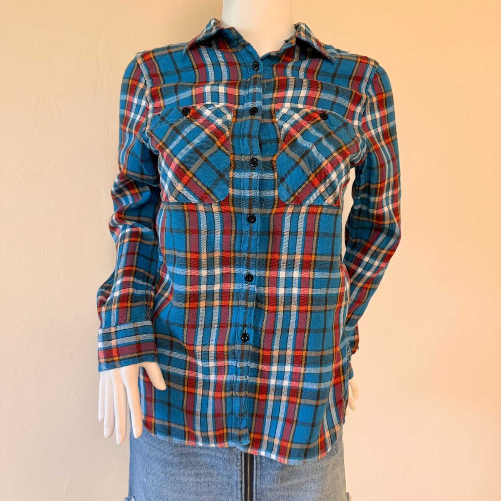 Denim & Supply Ralph Lauren Women's Utility Plaid Linen Cotton Shirt Blue Red S