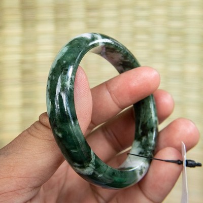 56mm Dark Green & White Burmese Jadeite Bangle   Grade A Snow Moss Jade