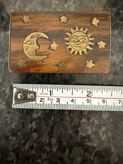 Vintage Wooden Celestial Trinket Box Brass Inlay Sun Moon Stars Boho Jewelry Box