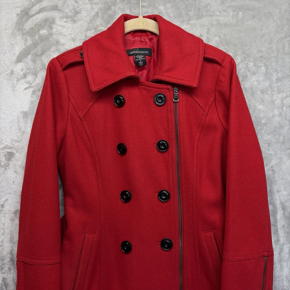 Moda International женщин красный шерсти смесь бушлат куртка двубортный Sz S - Изображение 2 из 4