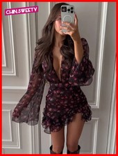 Women Floral Ruffle Mini Dress Deep V Neck Long Sleeve A-Line Party Holiday New