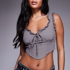 Princess Polly Scarlett tie front frill trim corset top in gray 4 women's
