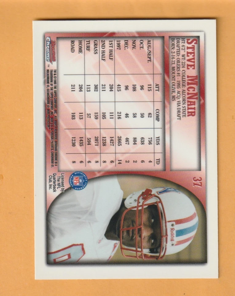Steve McNair Tennessee Titans 1998 Bowman Chrome #37 Mount Olive Mississippi - Image 2 of 2