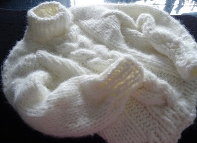 dicker Mohair Pullover Weiß  Gr. XXL Handstrick Grobstrick Zopfmuster