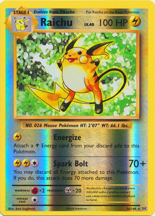 Raichu - 36/108 - Holo Rare - Reverse Holo (Lp) XY Evolutions - Lightning Pokémo