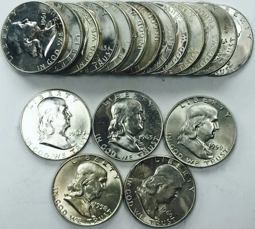 MIXED DATE FRANKLIN HALF DOLLAR LOT! 18 TOTAL COINS! GEM BU+++! WOW! NR #P2027