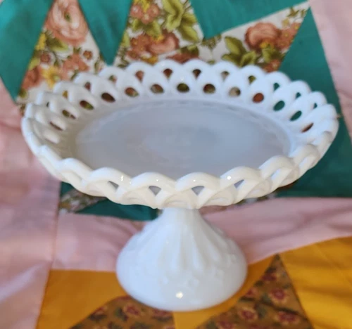 vintage Fenton white milk glass cake stand with a lace or ruffled edge. 5"x7.5"