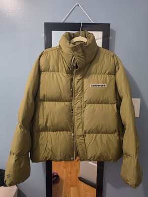 Converse Men's Green Down Puffer Jacket Size S Full Zip Snap Stand-Up Collar