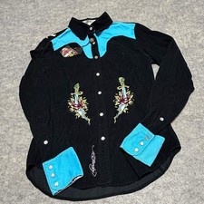 Camisa Western de Pana Ed Hardy Para Mujer Mediana Negra Turquesa Tatuaje Gato Nueva
