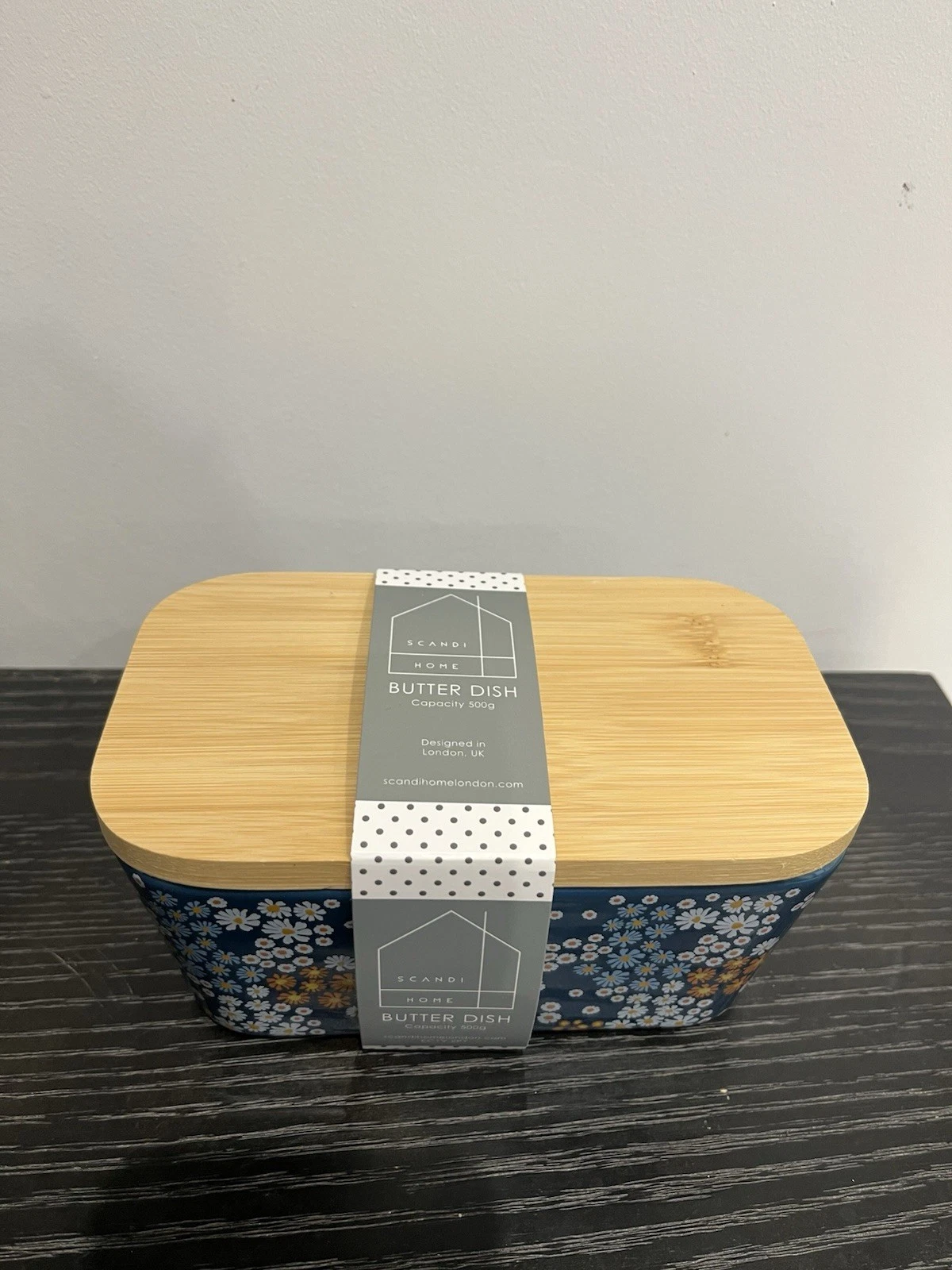 Scandi Home Navy Daisy Patterned Butter Dish with Wooden Lid