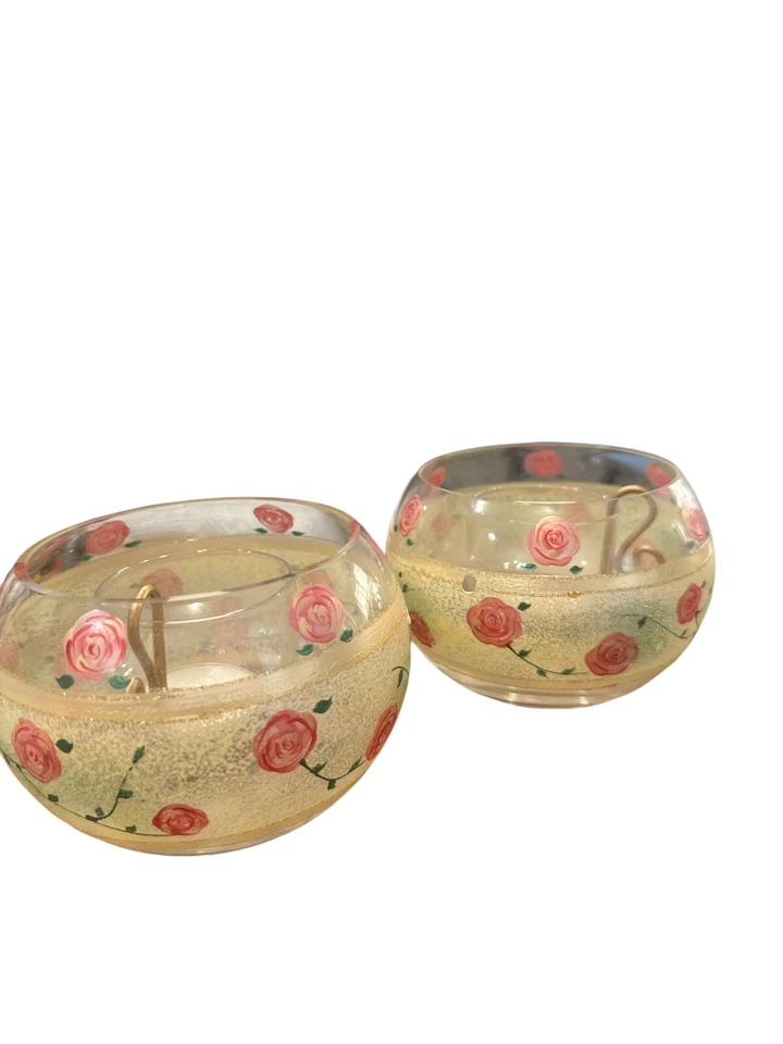 Set Of 2 MADIGGAN AUSTRALIA CRYSTAL HAND PAINTED  ROSEs Gold VOTIVE 5” - Image 3 of 4
