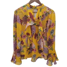 Belle & Sky Womens Floral Bell Sleeve Tunic Top Blouse Sz L Yellow Ruffle Boho